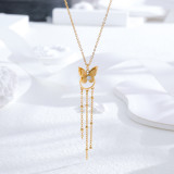 Venta al por mayor, collar de diamantes de imitación chapado en oro de 24K de acero titanio con mariposa en forma de corazón y borla de estilo vintage