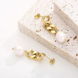 1 par de pendientes colgantes chapados en oro de 18 quilates de acero inoxidable chapado en perlas con cadena de estilo moderno y sencillo