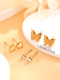 1 Juego de pendientes chapados en oro de 18K con incrustaciones de mariposa en forma de corazón de estilo Simple y elegante, diamantes de imitación de acero y titanio
