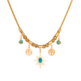 Hip-Hop Star Tree Collar con colgante de diamantes de imitación turquesa chapado en oro y acero titanio 1 pieza