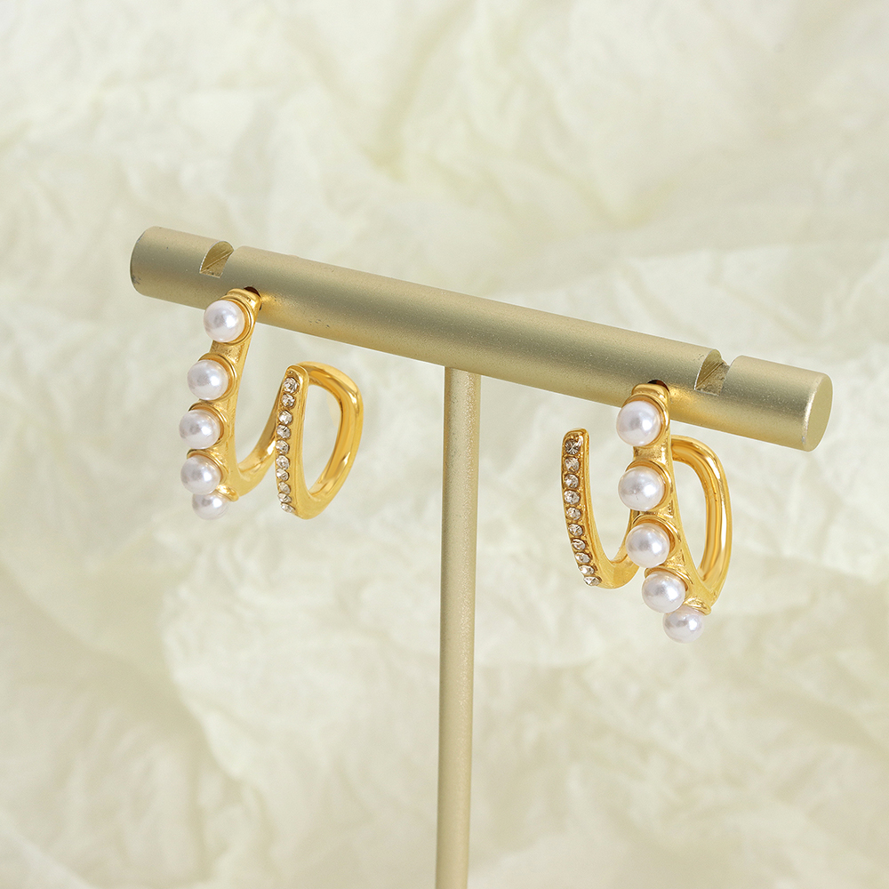Pendientes chapados en oro de 18K con incrustaciones geométricas de estilo barroco, perlas artificiales de acero y titanio, 1 par