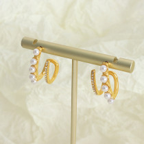 Pendientes chapados en oro de 18K con incrustaciones geométricas de estilo barroco, perlas artificiales de acero y titanio, 1 par