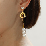 1 par de pendientes colgantes chapados en oro con incrustaciones de borlas de perlas de imitación de acero inoxidable con forma de trébol de cuatro hojas y estilo informal y sencillo