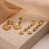1 par de pendientes colgantes chapados en oro de 18K con incrustaciones de acero de titanio y perlas artificiales de circonio de estilo Simple con forma de corazón y árbol de viaje