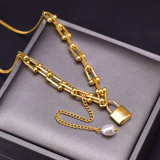 Collar de perlas artificiales con incrustaciones de acero y titanio con cierre de moda, 1 pieza