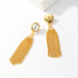 1 par de pendientes colgantes chapados en oro con incrustaciones de perlas de acero inoxidable con borlas de estilo simple