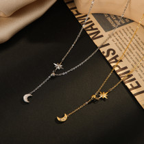 Collar de diamantes artificiales con incrustaciones de acero de titanio y acero inoxidable con forma de estrella y luna a la moda, 1 pieza