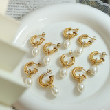 Pendientes colgantes de circonita con perlas artificiales chapados en acero de titanio geométrico de estilo vintage 1 par