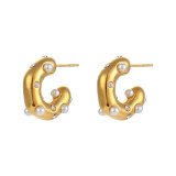 Pendientes elegantes de acero inoxidable en forma de C con incrustaciones de perlas artificiales Pendientes de acero inoxidable con circonitas