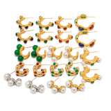 1 par de pendientes elegantes y lujosos con incrustaciones de acero inoxidable en forma de C, perlas artificiales, circonitas, chapados en oro de 18 quilates