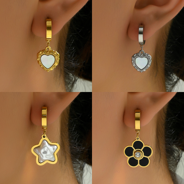 1 par de pendientes elegantes chapados en oro blanco con incrustaciones de flores en forma de corazón y estrella de estilo francés con carcasa de plástico de acero inoxidable chapado en oro de 18 quilates