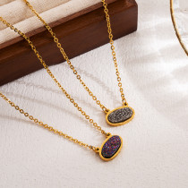 Collar con colgante chapado en oro de 18 quilates con piedra natural de acero inoxidable ovalado brillante
