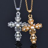Estilo simple Cruz Titanio Acero Chapado en oro Incrustaciones Rhinestones Collar con colgante de perlas 1 pieza