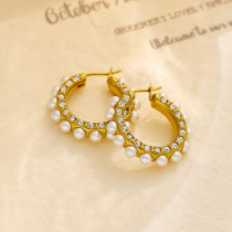 Pendientes chapados en oro y perlas con incrustaciones redondas Retro de acero inoxidable y titanio, 1 pieza
