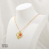 Romántico dulce forma de corazón rosa chapado en acero inoxidable incrustaciones de diamantes de imitación perla collar con colgante de circón
