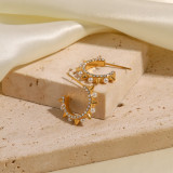 Pendientes retro con incrustaciones de acero inoxidable en forma de C, perlas artificiales, diamantes de imitación, 1 par