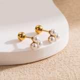 1 par de aretes de perlas artificiales de acero inoxidable con forma de corazón cuadrado redondo de estilo simple con incrustaciones de revestimiento de acero de titanio y acrílico