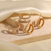 Pendientes tipo C de acero inoxidable con incrustaciones de perlas y circonitas, estilo sencillo, 1 par