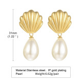 1 par de pendientes colgantes chapados en oro de 18K con revestimiento de perlas de acero inoxidable festoneado estilo barroco estilo INS