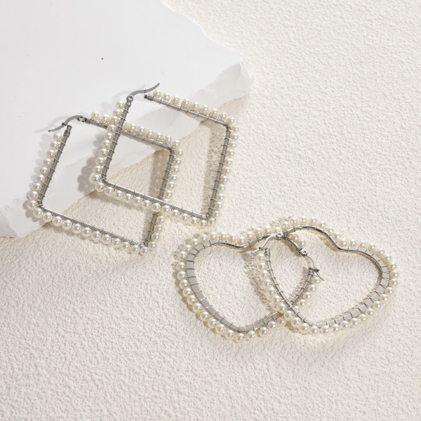 1 par de pendientes de perlas artificiales de acero inoxidable con incrustaciones en forma de corazón cuadrado geométrico de estilo Simple para mujer