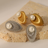 Pendientes chapados en oro de 18K con incrustaciones geométricas, aretes chapados en oro de 18K, perlas de agua dulce de acero inoxidable, estilo nórdico elegante, 1 par