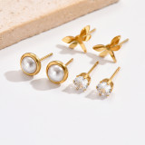 Pendientes chapados en oro de 14K con incrustaciones de libélula de perlas de estilo Simple y dulce, perlas artificiales de acero inoxidable con circonita, 3 pares