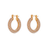 Pendientes de aro chapados en oro con perlas artificiales y incrustaciones geométricas de acero inoxidable a la moda, 1 par