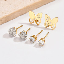 3 pares de pendientes chapados en oro de 14 quilates con incrustaciones de mariposa en forma de corazón de estilo sencillo