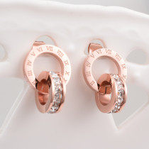 Pendientes coreanos de acero de titanio con doble anillo y números romanos de diamantes cuadrados pequeños