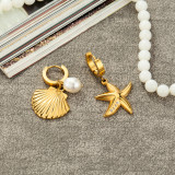 1 par de pendientes colgantes chapados en oro con incrustaciones de concha de estrella de mar de imitación de perla de imitación de acero inoxidable y circonita para vacaciones