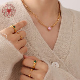 Collar de acero de titanio con colgante de corazón con incrustaciones de circonita rosa de nueva moda coreana