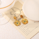 1 par de pendientes colgantes chapados en oro de 18 quilates con incrustaciones de flores de estilo vintage de acero inoxidable y piedra natural