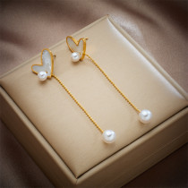 Elegantes pendientes colgantes de concha de perlas artificiales chapados en acero de titanio con forma de corazón, 1 par