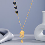 Collar con colgante chapado en oro esmaltado de acero inoxidable con forma de corazón y flor a la moda, 1 pieza
