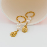 1 par de pendientes colgantes retro con gotas de agua de acero y titanio con revestimiento de perlas