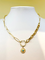 Collar largo con colgante chapado en oro de 14 quilates, estilo romano informal, redondo, chapado en acero inoxidable, turquesa con incrustaciones