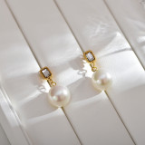 1 par de pendientes de circonita con perlas de acero inoxidable con incrustaciones geométricas para mujer