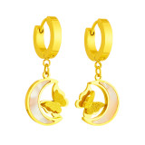 1 par de elegantes pendientes colgantes de concha con incrustaciones de acero titanio y mariposa lunar