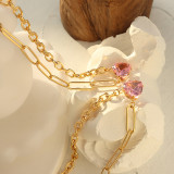 Collar de acero de titanio con colgante de corazón con incrustaciones de circonita rosa de nueva moda coreana