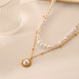 Collares en capas de perlas artificiales redondas elegantes con revestimiento de acero de titanio