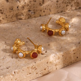 1 par de pendientes de perlas con incrustaciones de acero inoxidable en forma de C a la moda