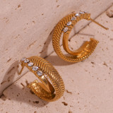 1 par de pendientes chapados en oro de 18 quilates con incrustaciones de diamantes de imitación de acero inoxidable con incrustaciones en forma de C estilo clásico estilo clásico básico