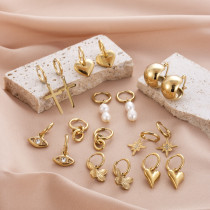 Pendientes chapados en oro con incrustaciones de acero y titanio, perla de imitación, mariposa, ojo, forma de corazón, elegante, 1 par