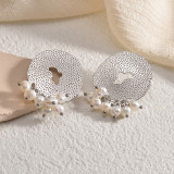 1 par de pendientes elegantes chapados en perlas geométricas de acero inoxidable chapado en oro de 18 quilates