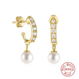 1 par de pendientes colgantes de circonita con incrustaciones de perlas chapadas en plata de ley a la moda