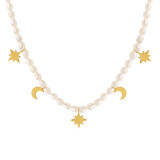 Gargantilla de perlas artificiales chapada en oro con cuentas de acero titanio y estrella y luna de estilo simple, 1 pieza