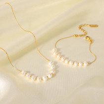 Collar chapado en oro de 18 quilates con perlas de agua dulce de acero inoxidable de color sólido para mujer