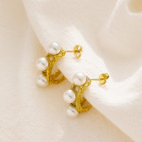 Pendientes chapados en oro y perlas de acero inoxidable con incrustaciones redondas en forma de C, Estilo Vintage, 1 pieza