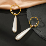 Elegantes pendientes redondos de acero inoxidable con incrustaciones de perlas artificiales y diamantes de imitación, 1 par