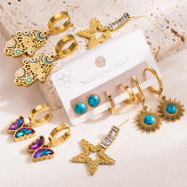 1 par de elegantes pendientes colgantes chapados en oro con diamantes de imitación de acero y titanio con incrustaciones de mariposa y ojo de pentagrama para mujer